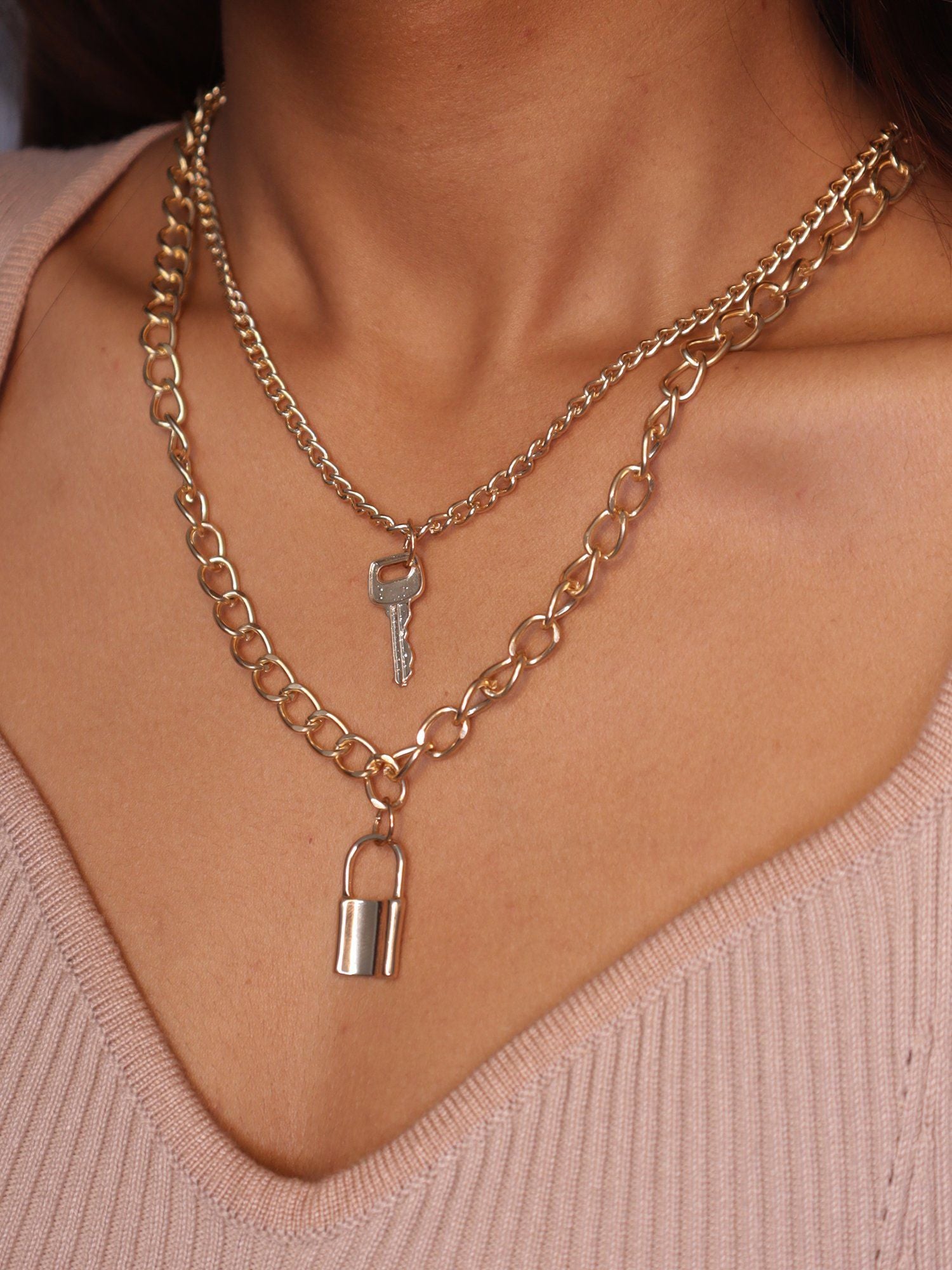 Golden Plated Layered Lock & Key Chain Necklace