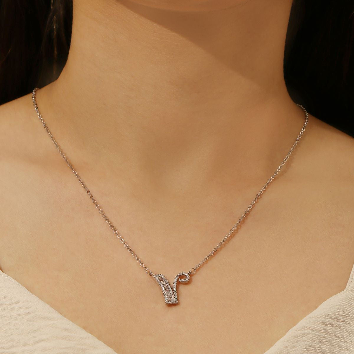 Silver Stone Initial Pendant Necklace - V