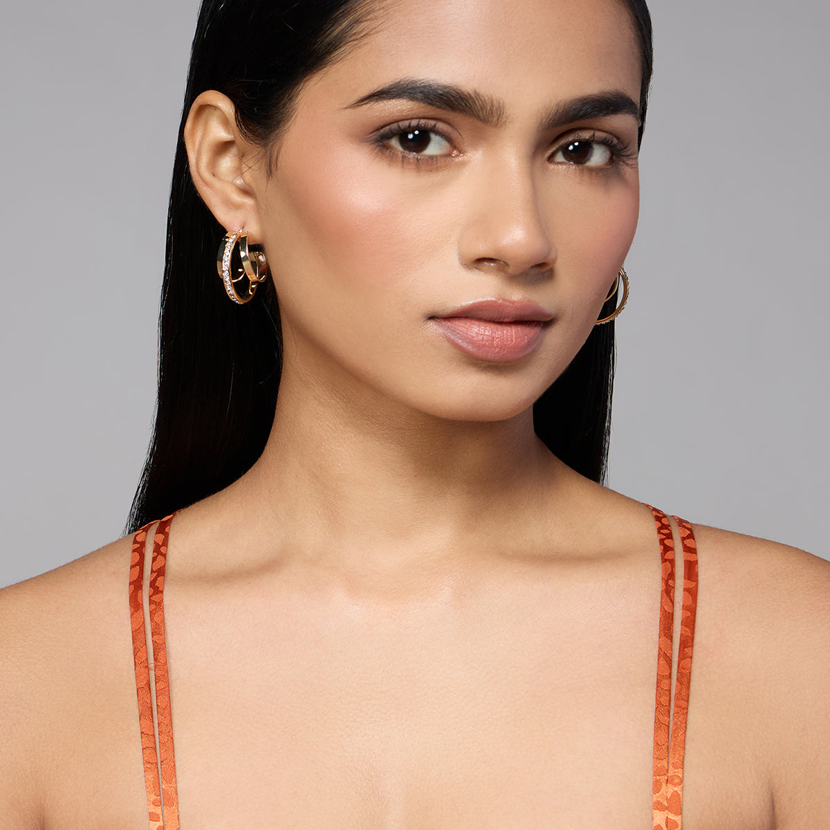 Gold Zircon Embellished Hoop Earrings