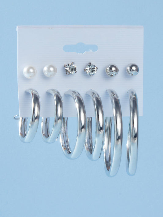 Set of 6 Trendy Silver Stud and Hoop Earrings Combo