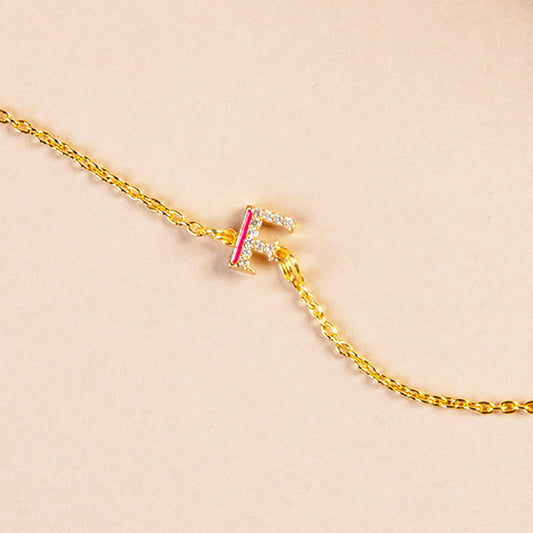 Pink CZ Studded F Initial Bracelet