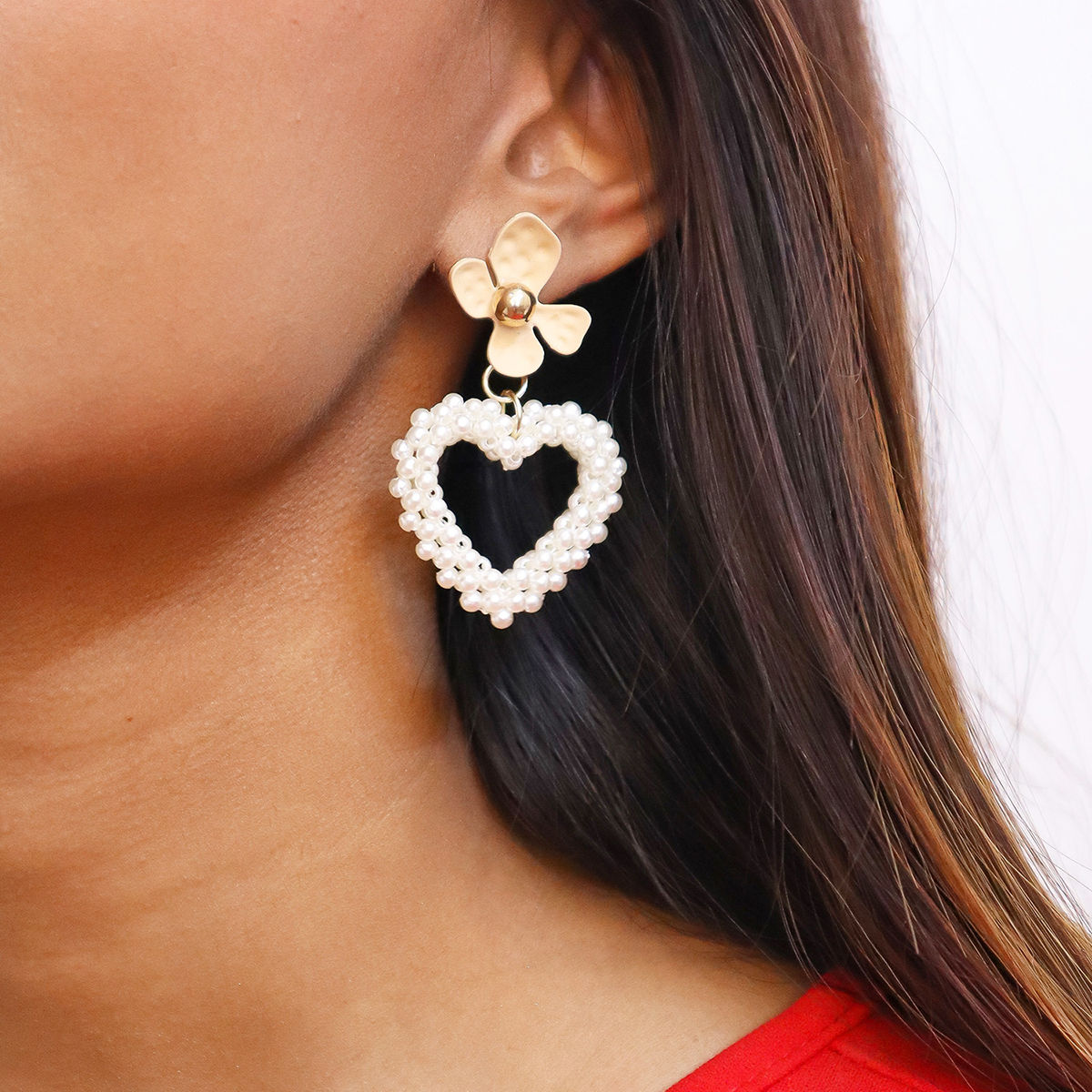 Pink Flower and Pearl Studded Heart Dangler Earring