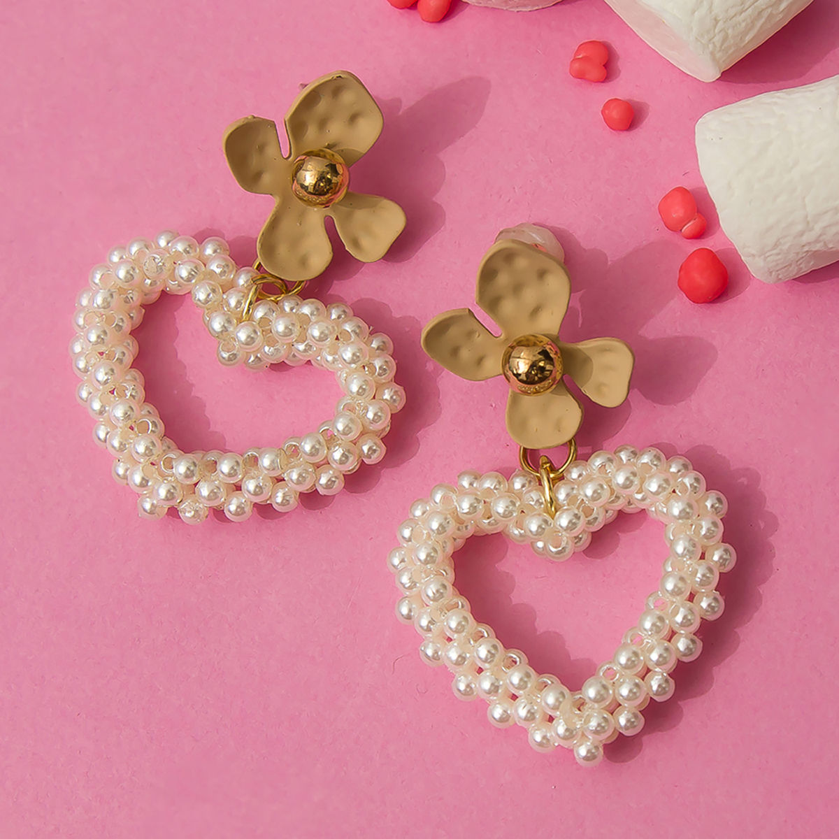 Pink Flower and Pearl Studded Heart Dangler Earring