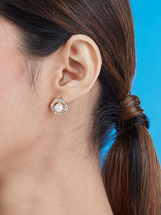 CZ Studded Faux Pearl Stud Earrings