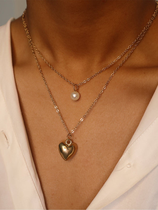 Gold Plated Layered Pearl and Heart Pendant Necklace