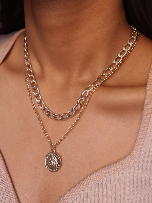 Gold Plated Layered Coin Pendant Necklace