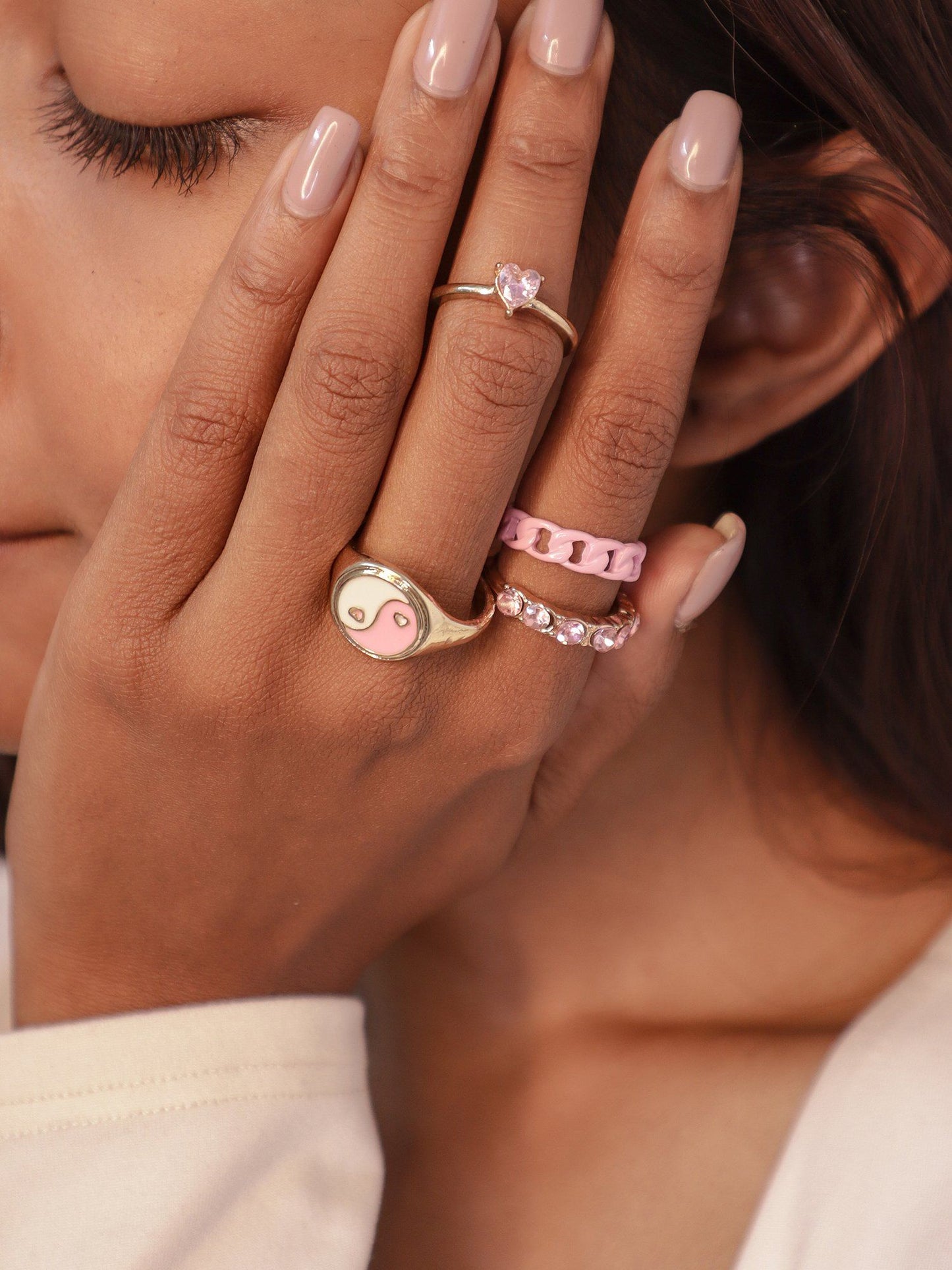 Set of 4 Y2K Silver Plated and Pink Rings Combo