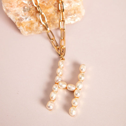 Gold Pearl Studded H Initial Chain Necklace