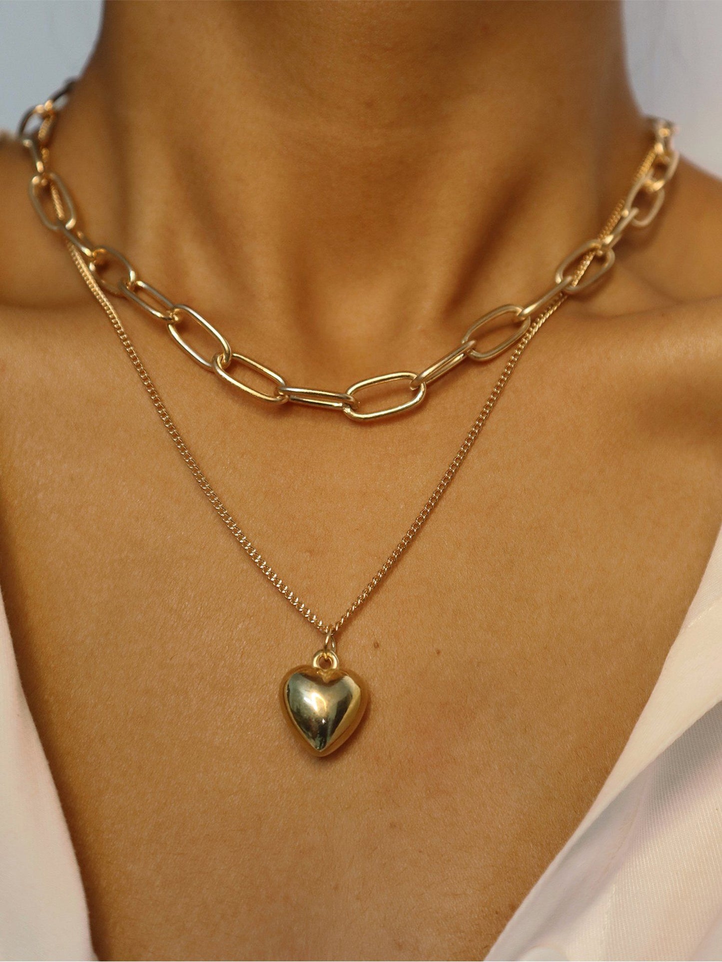 Gold Plated Link Chain Layered Necklace with Heart Pendant