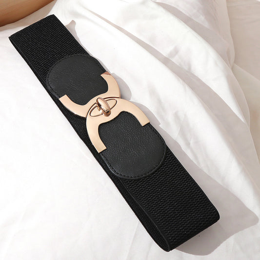 Classic Black Wide Faux Leather Lock Clasp Buckle Belt