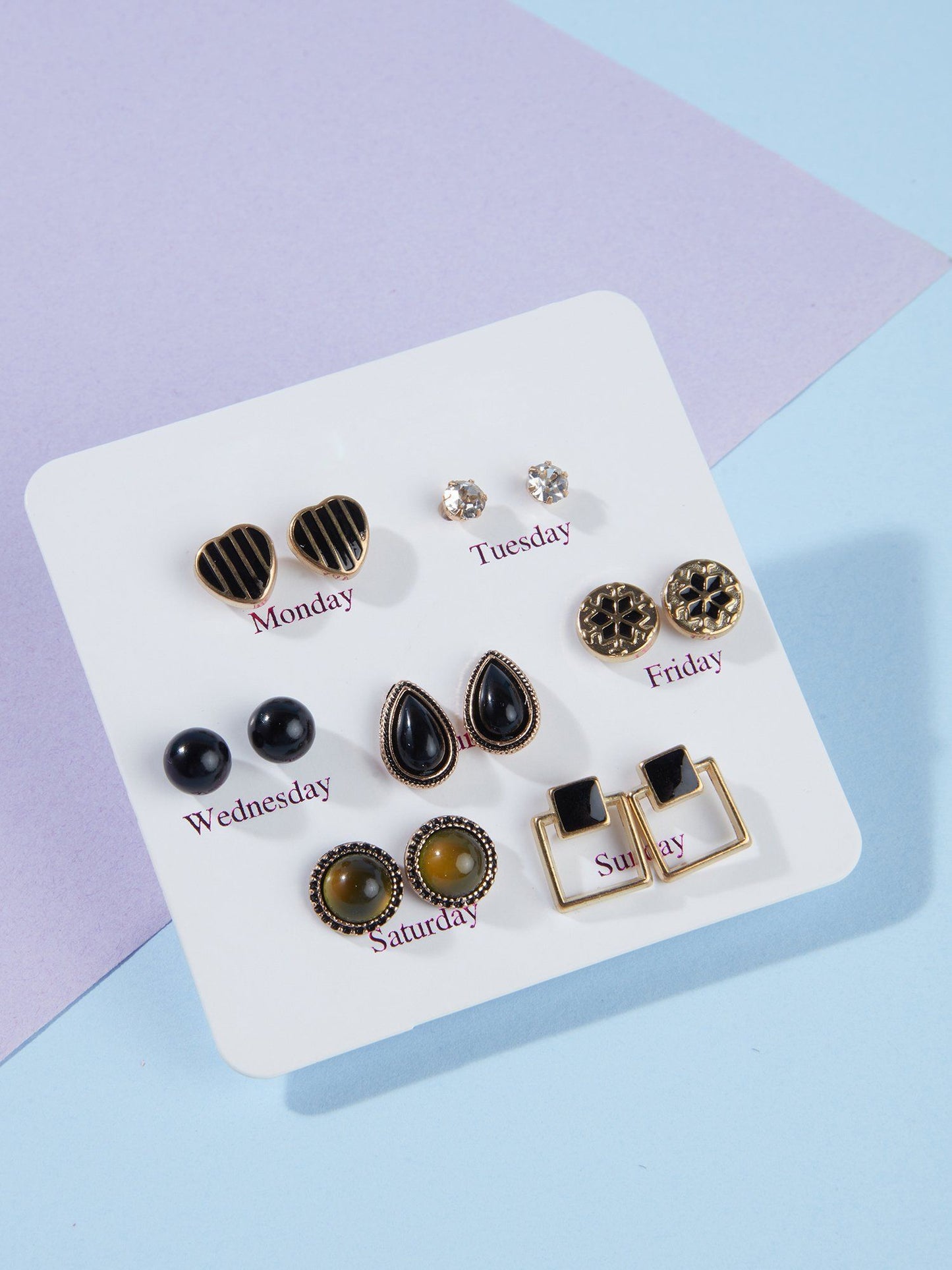 Set of 7 Black and Gold Stud Earrings Combo