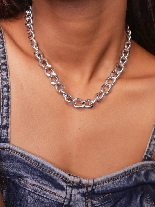 Statement Silver Plated Link Chain Choker Necklace