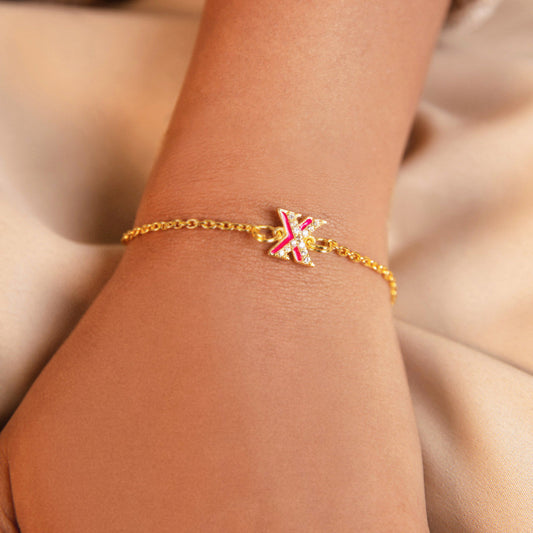 Pink CZ Studded X Initial Bracelet