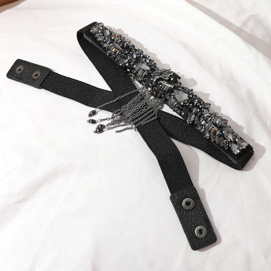 Statement Black Rhinestone Sequined Chain Tassel Belt