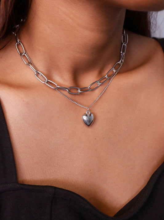 Silver Plated Heart Pendant Layered Necklace