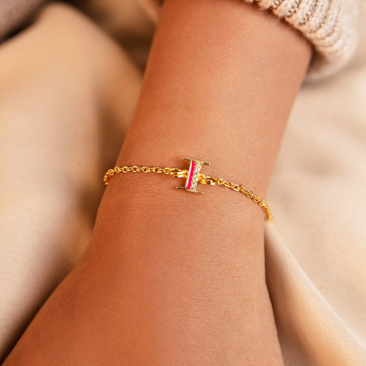 Pink CZ Studded I Initial Bracelet