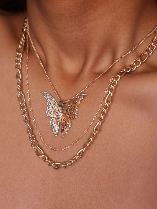 Three Layered Butterfly Pendant Gold Plated Necklace