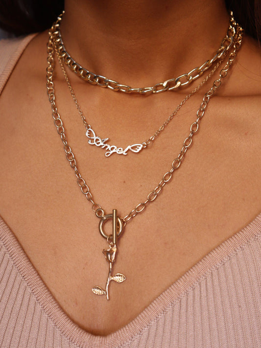 Minimal Layered Gold Plated Angel Necklace with Flower Pendant