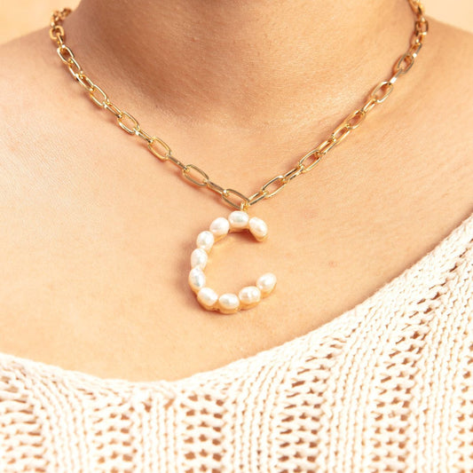 Gold Pearl Studded C Initial Chain Necklace