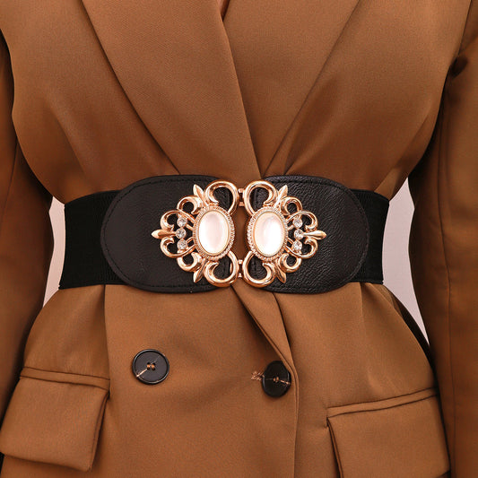 Statement Black Faux Leather Gold Pattern Broad Belt