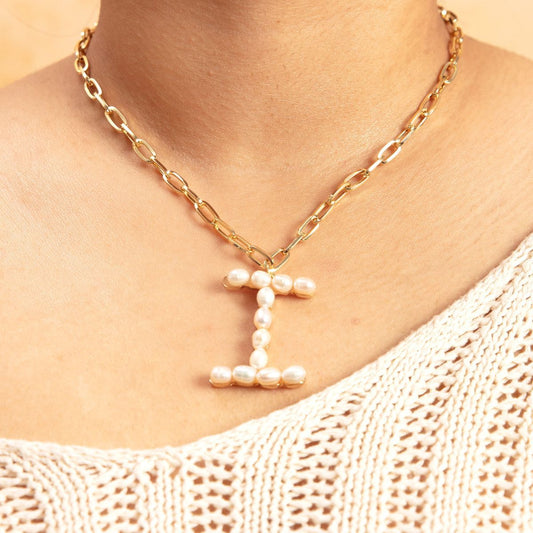 Gold Pearl Studded I Initial Chain Necklace