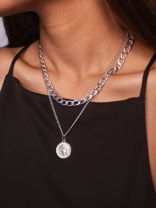 Silver Plated Layered Coin Pendant Necklace