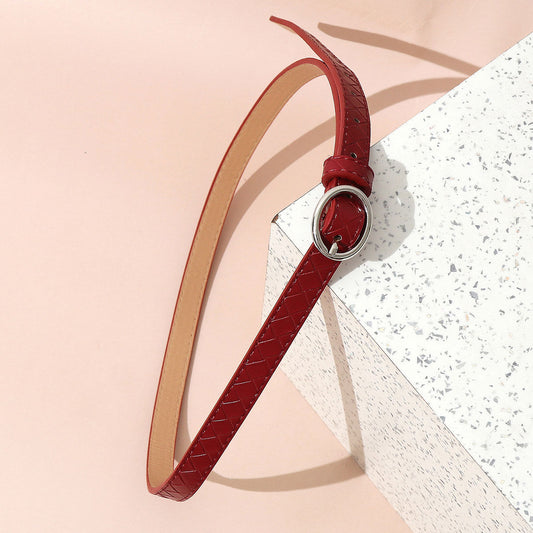 Trendy Maroon Cross Textured Silver Oval Buckle Belt