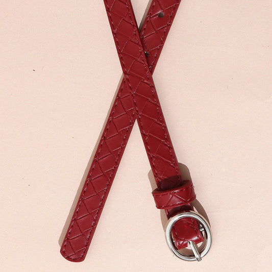 Trendy Maroon Cross Textured Silver Oval Buckle Belt