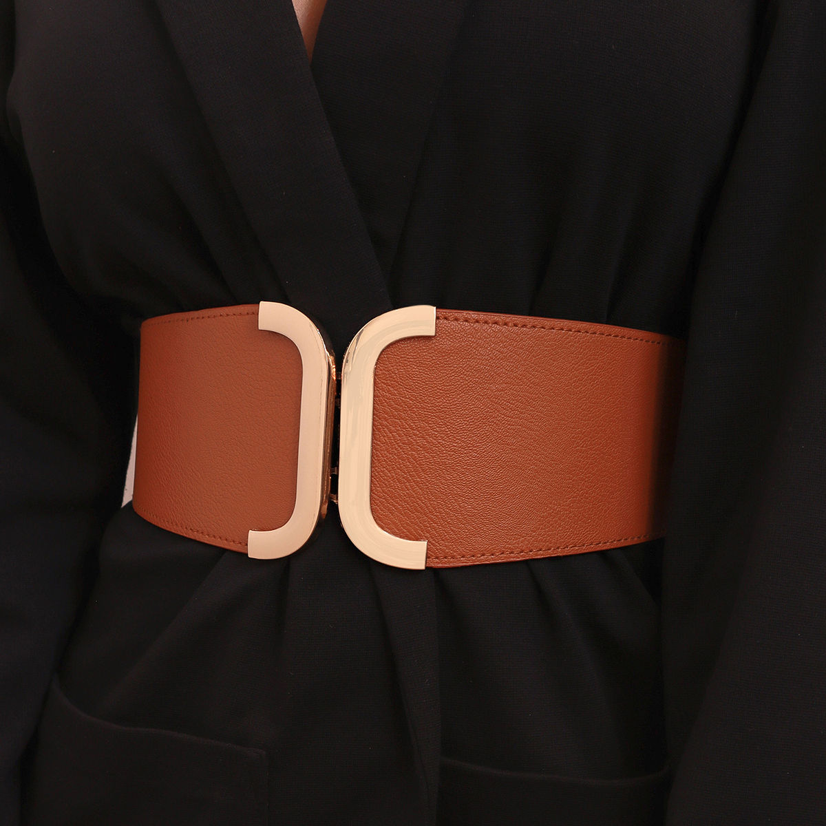 Classic Tan Wide Faux Leather Gold Interlock Belt