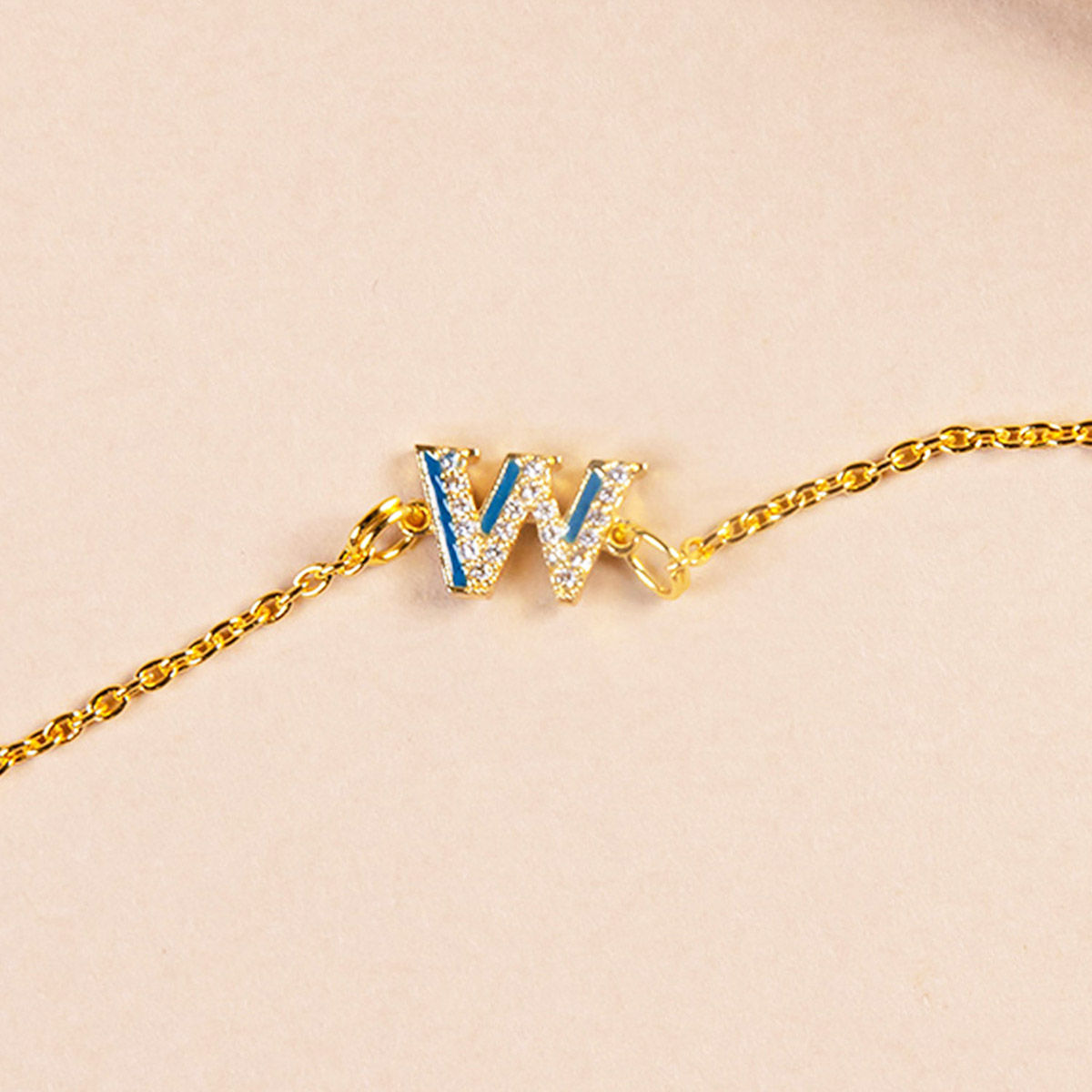 Blue CZ Studded W Initial Bracelet