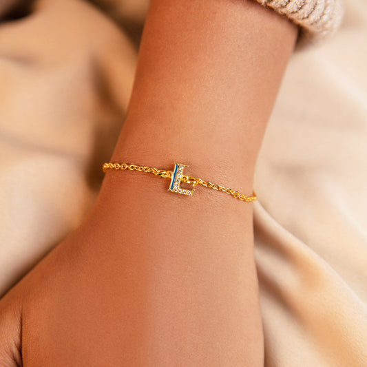 Blue CZ Studded L Initial Bracelet