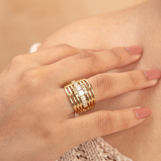 Gold Clear Studded Statement Ring