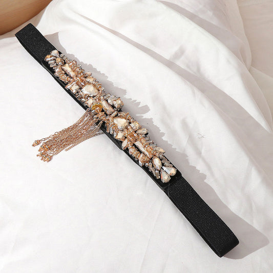 Statement Black Gold Rhinestone Sequined Chain Tassel Belt (G74)