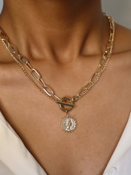 Gold Plated Link Chain Necklace with Sailor Clasp Pendant