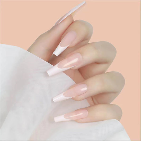 Classic Long French Manicure Stick On Nails