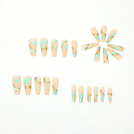 Peach Stick On Nails with Blue Swirls