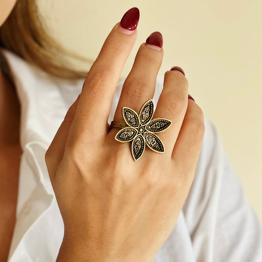 Festive Black & Gold Floral Statement Ring