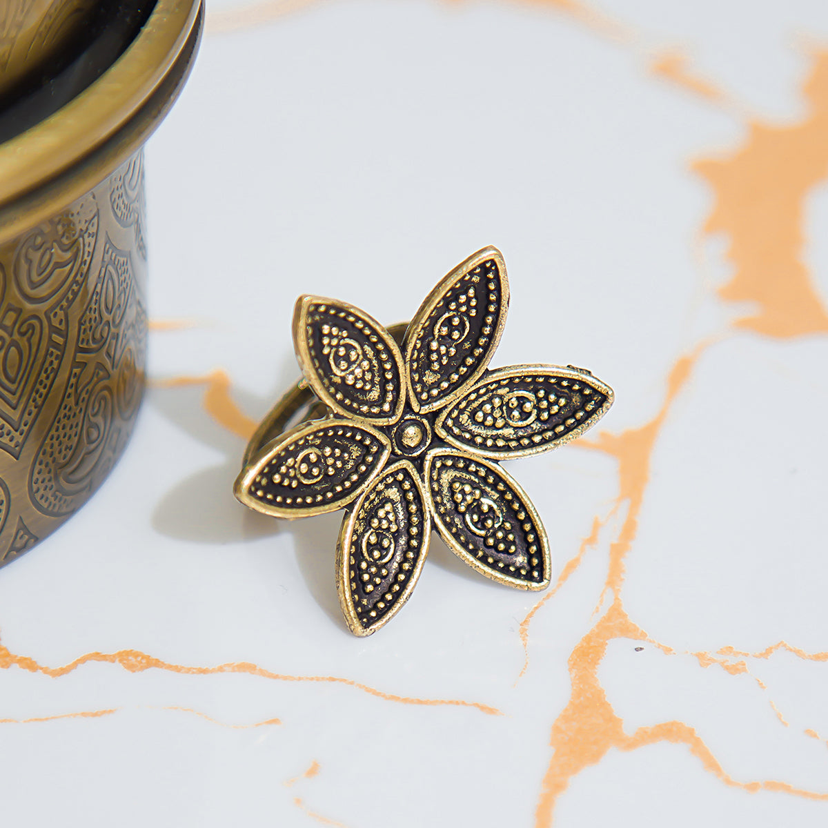 Festive Black & Gold Floral Statement Ring