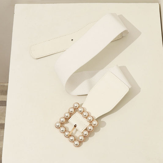 White Pearl Square Buckle Wide Belt