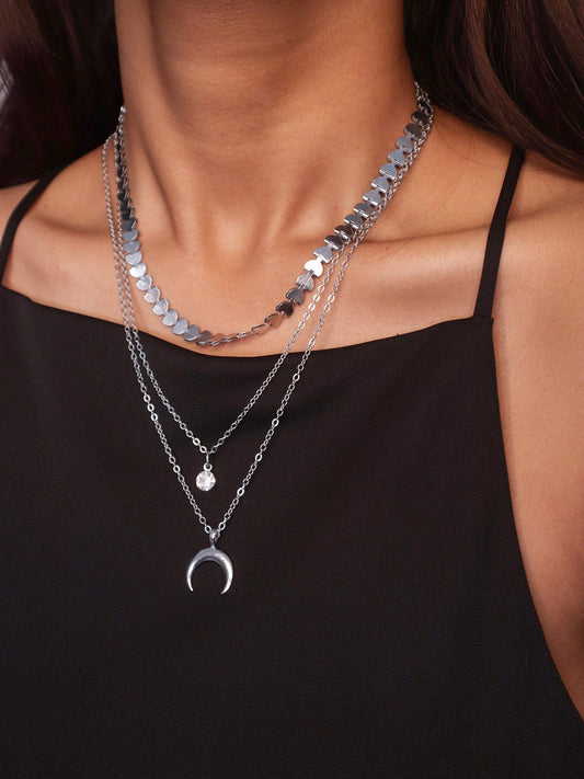 Statement Silver Plated Pearl Layered Necklace with Crescent Pendant