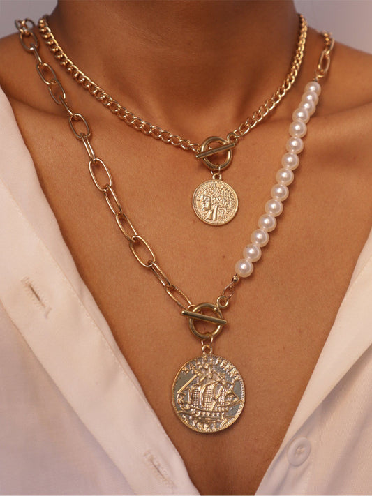 Gold and Pearl Half n Half Layered Necklace with Coin Charm Pendant