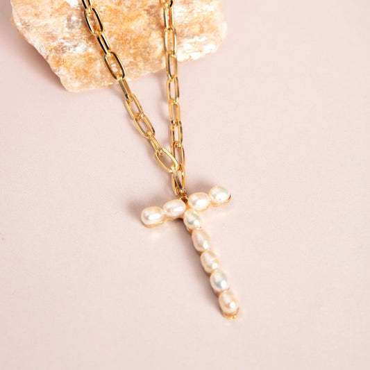 Gold Pearl Studded T Initial Chain Necklace