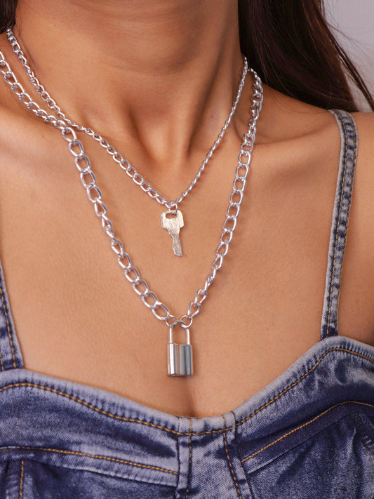 Lock and Key Silver Plated Layered Necklace