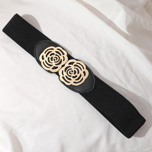 Classic Black Wide Faux Leather Floral Interlock Belt