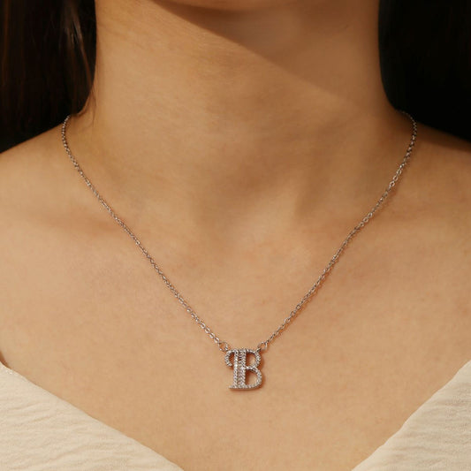 Silver Clear Crystal Studded B Initial Pendant