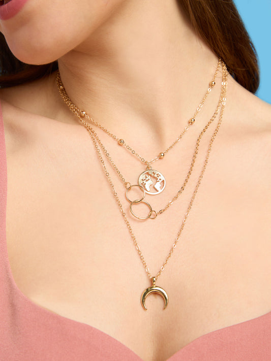 Three Layered Gold Plated Necklace with Minimal Pendants