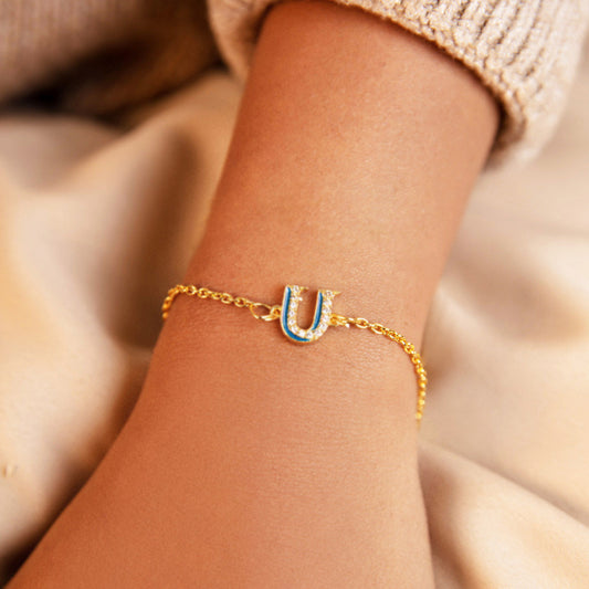 Blue CZ Studded U Initial Bracelet