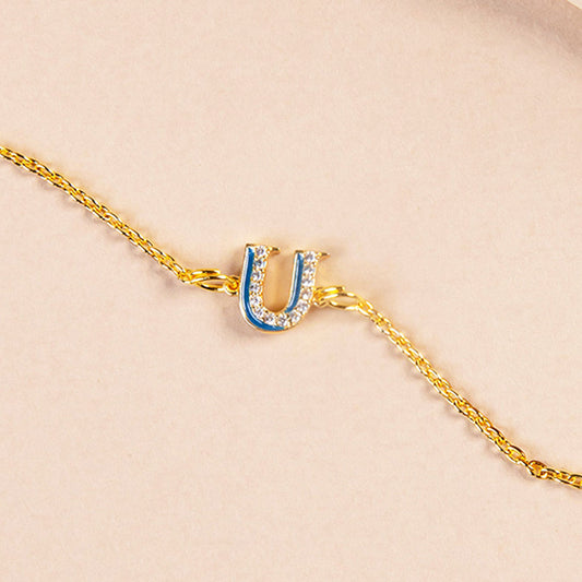 Blue CZ Studded U Initial Bracelet