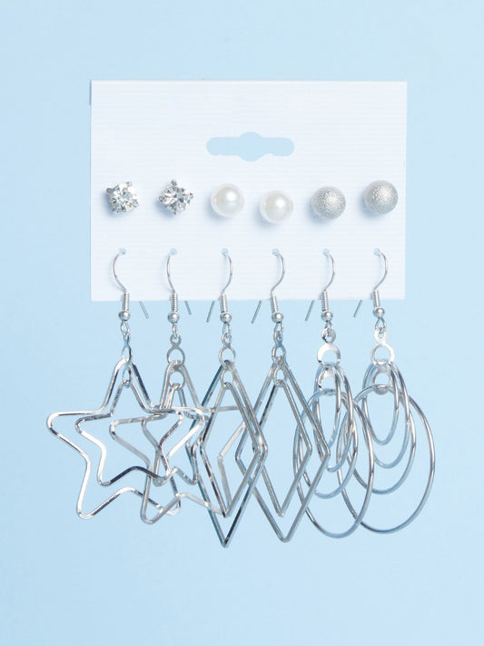 Set of 6 Silver Lined Hoop and Stud Earrings Combo