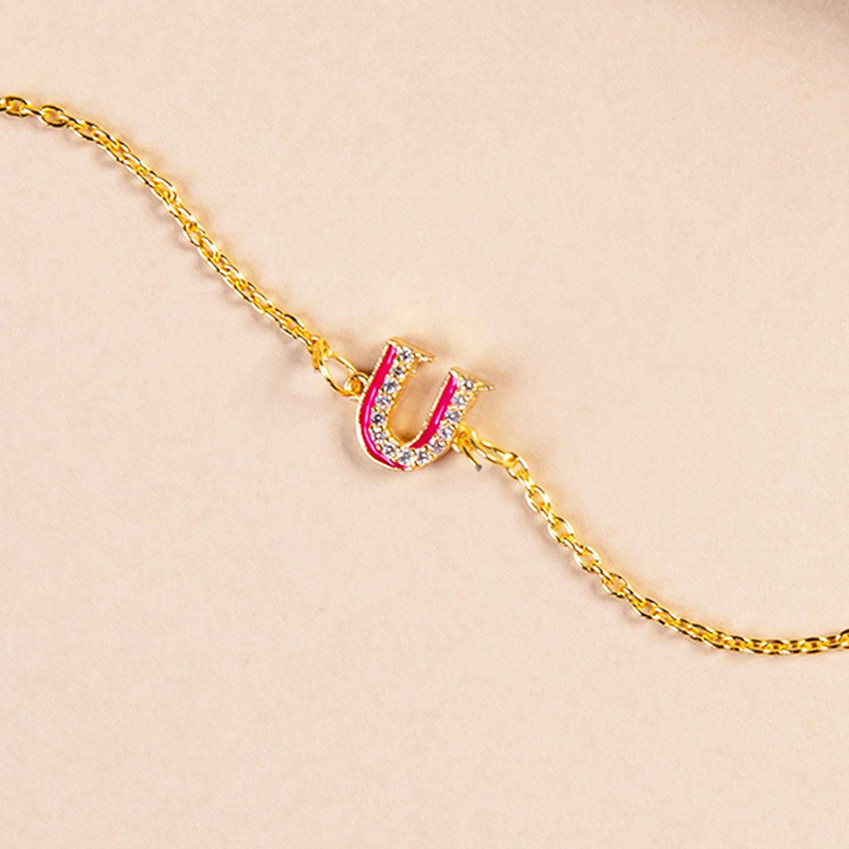 Pink CZ Studded U Initial Bracelet